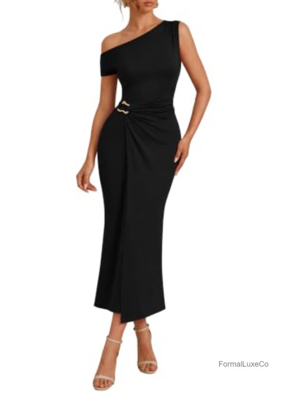 One Shoulder Maxi Dress Sleeveless Ruched Bodycon Formal Cocktail